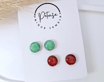 Red and green stud earrings, set of two wood earrings, handmade unique jewelry