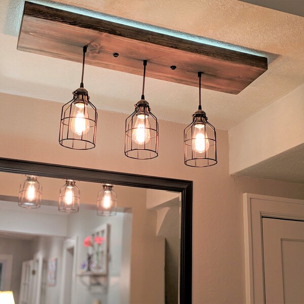 Rustic Edison Pendant | Three Light Farmhouse style | Industrial Wire Cage | Vintage Cloth wire | LED back-light | Color options available .