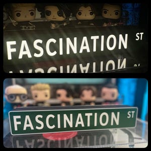 Op de afbeelding: Een groen straatnaambord met de tekst "FASCINATION ST" in witte letters. Het bord wordt weergegeven voor verschillende Funko Pop-figuren. Het bord is een decoratief item.