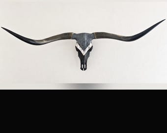 66-Inch Hand-Painted Authentic Longhorn Skull | Black, Pewter, Distressed White & Gold | Modern Western Wall Art