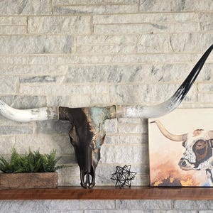 Authentic Longhorn Skull Wall Art, 63” Horn Spread, Rustic Western Décor with Copper Patina Finish, Real Cow Skull, Painted Cow Skull