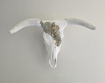 Hand Painted Steer Skull | White Longhorn Wall Decor with Copper Patina Flowers