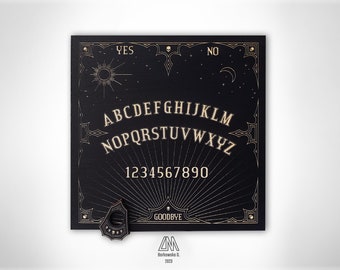 Ouija Board | Black, engraved | Planchette | Talking Board | Spirit Board | Witchcraft | Occult | Goth | Gothic | Skull | with indicator