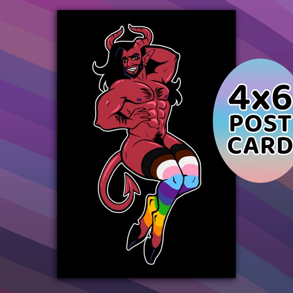 Pride Month Demon 4x6 Postcard Progress Pride Flag Pinup - Queer Owned Shop - LGBTQ Artist - Bara Art for The Gays