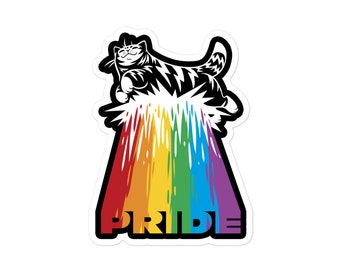 Op de afbeelding: Een zwart-witte cartoonkat die explodeert in een regenboog met het woord "PRIDE" eronder.