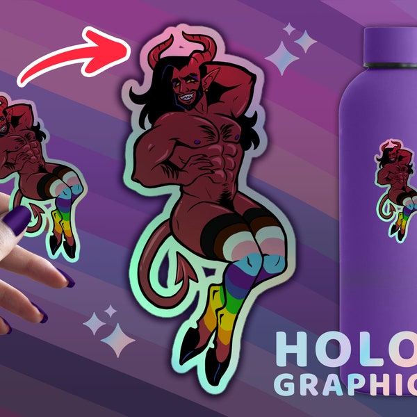 Holographic 4" Sticker - Pride Month Demon with Progress Pride Flag Pin Up