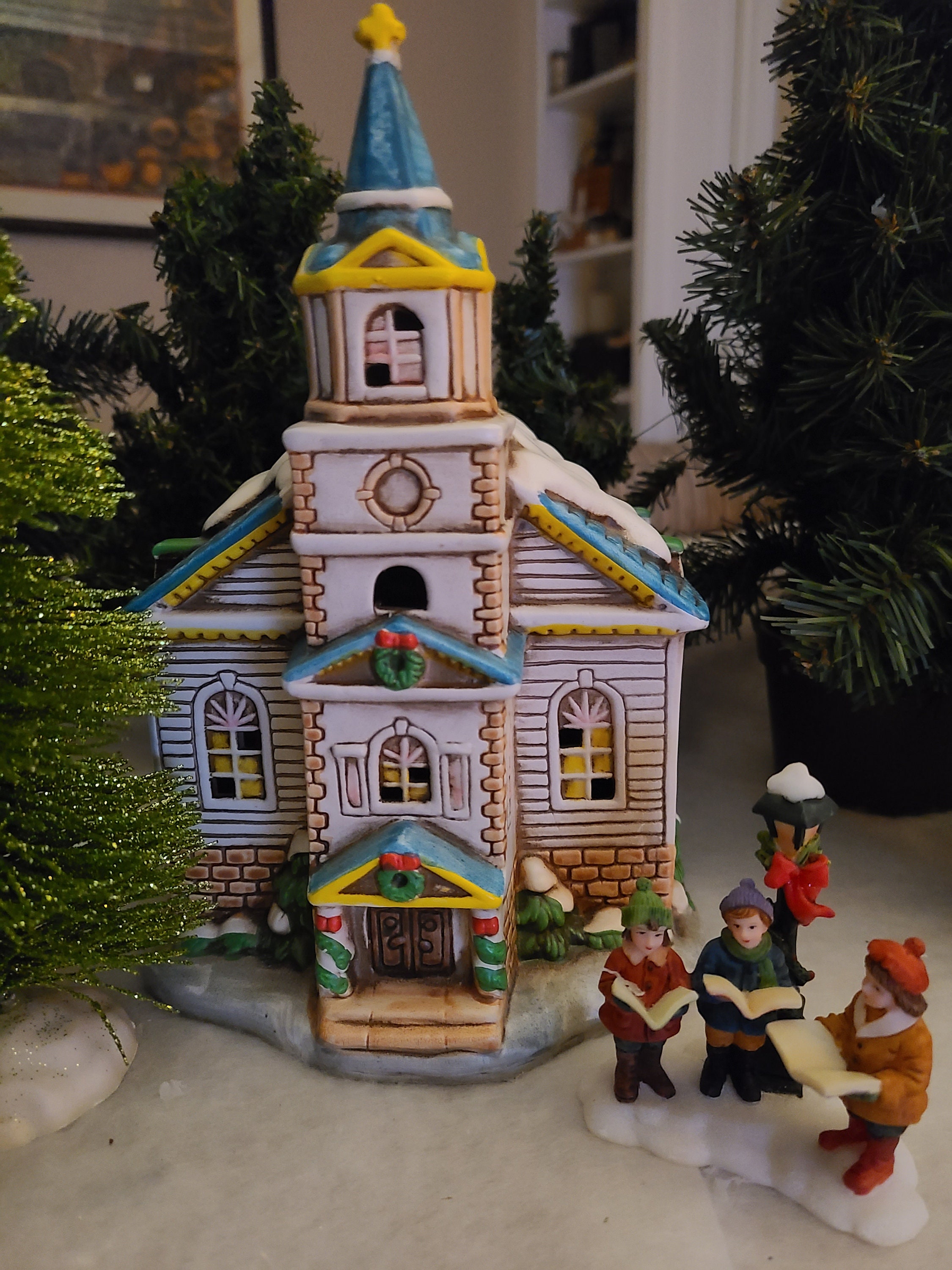 2 Vintage Christmas Village Ceramic Brick House Decorative Hand Painted #2