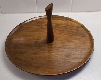 Vintage, MCM, Kustom Kraft, Solid Black Walnut, Round Serving Tray with Handle, 12", 1970's, Made in USA