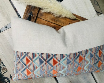 Blue and Orange, Linen, Velvet, Natural, Cushion, Pillow, Home Decor, Boho, Eclectic, Living Room, Bedroom, Kids/Nursery