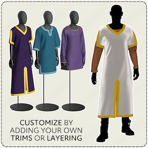 three mannequins wearing different colored shirts, along with a mannequin wearing a white shirt with yellow trim. The text below the image instructs viewers to "CUSTOMIZE by adding your own TRIMS or LAYERING".