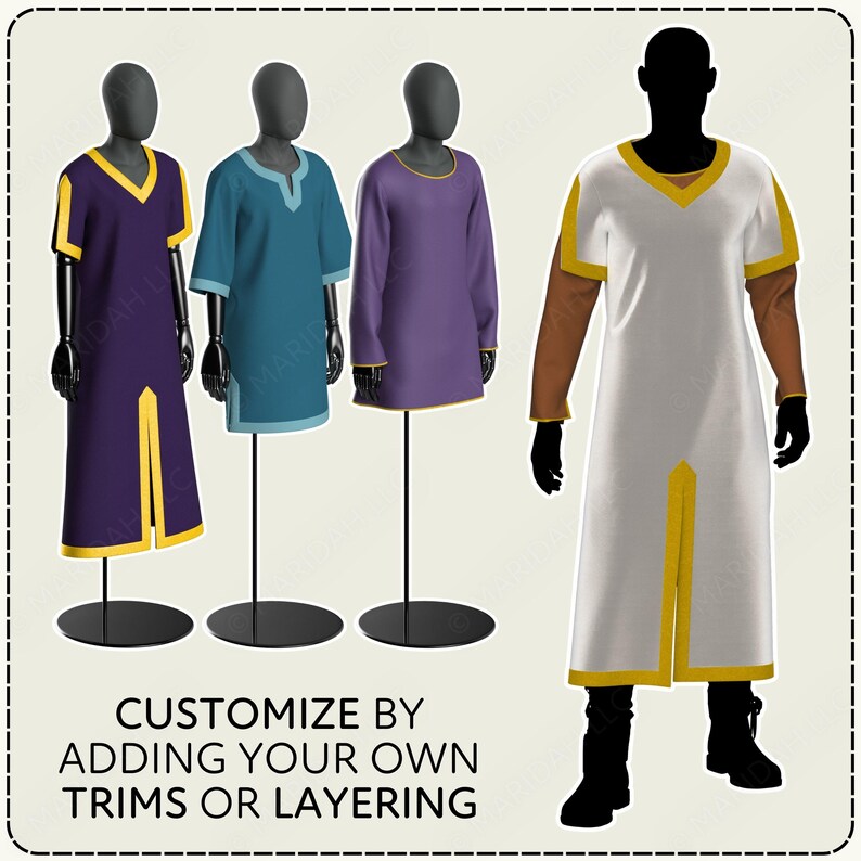 three mannequins wearing different colored shirts, along with a mannequin wearing a white shirt with yellow trim. The text below the image instructs viewers to "CUSTOMIZE by adding your own TRIMS or LAYERING".