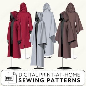 A collection of hooded robes or coats displayed on mannequins with text reading Digital Print at Home Sewing Patterns