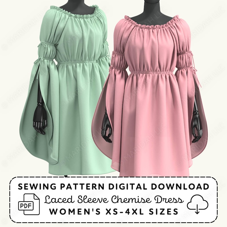 Two dresses, one in a mint green color and the other in a pink color, displayed side by side.