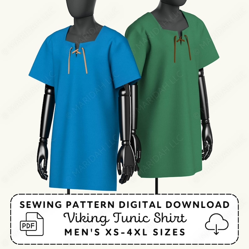 Two mannequins wearing Viking tunic shirts in different colors - blue and green.