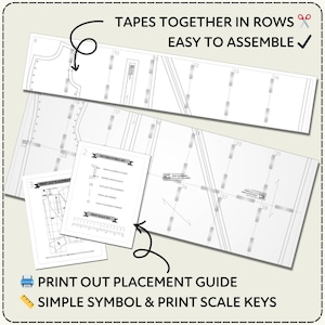 Set of printed sewing patterns with text instructions on a light background. Text describes the pattern as easy to assemble and tapes together in rows. Includes examples of a print out placement guide and sewing pattern symbols.