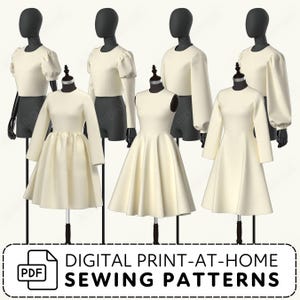 a collection of white dresses displayed on mannequins, along with a digital print-at-home sewing patterns image.