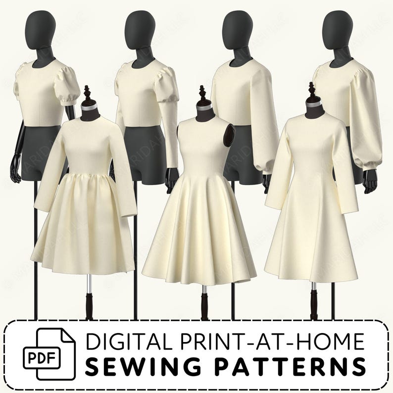 a collection of white dresses displayed on mannequins, along with a digital print-at-home sewing patterns image.