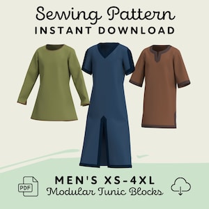 Modular Tunic Pack Sewing Pattern Blocks | Mens XS-4XL PDF Cosplay Pattern for Renaissance Fair Knight Viking Costume | Digital Download