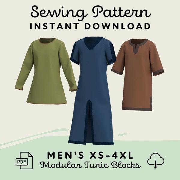 Modular Tunic Pack Sewing Pattern Blocks | Mens XS-4XL PDF Cosplay Pattern for Renaissance Fair Knight Viking Costume | Digital Download