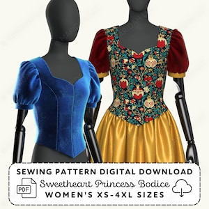 Princess Bodice Sewing Pattern | Weddings Costumes Sweetheart Neckline XS-4XL (PDF Digital Download)