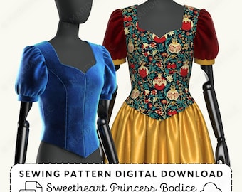 Princess Bodice Sewing Pattern | Weddings Costumes Sweetheart Neckline XS-4XL (PDF Digital Download)