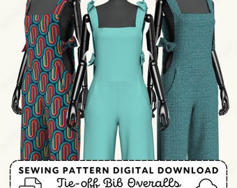 May include: Three bib overalls displayed on black mannequins. The left features a colourful retro geometric pattern, the centre is solid teal, and the right has a teal houndstooth print. Each has tie-off shoulder straps. Text reads: SEWING PATTERN DIGITAL DOWNLOAD Tie-off Bib Overalls WOMEN'S XS-4XL SIZES.