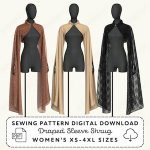 Draped Sleeve Shrug Sewing Pattern | Dramatic Bolero Womens XS-4XL (PDF Digital Download)