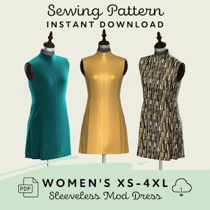 Sleeveless Mod Dress Sewing Pattern | Womens XS-4XL Retro 60s Shift Dress Pattern Digital Download PDF | Gogo Sheath Dress Printable Pattern