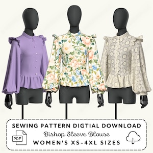 Bishop Sleeve Blouse Sewing Pattern | Peplum Hem Ruffles (Women’s XS-4XL) PDF Digital Download