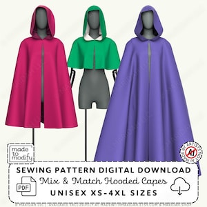 Hooded Cape Sewing Pattern Set | Short/Mid/Long Cloak Variations in XS-4XL, Pointed/Round/Gathered Hoods (PDF Digital Download)
