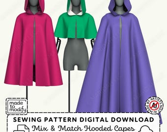 Hooded Cape Sewing Pattern Set | Short/Mid/Long Cloak Variations in XS-4XL, Pointed/Round/Gathered Hoods (PDF Digital Download)