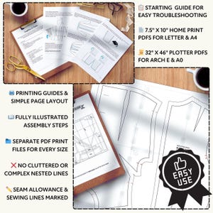 Collage of various printed materials, including a guide for easy troubleshooting, a 7.5" x 10" home print, and 32" x 46" platter PDFs for letter and A4. There are also printed pages with diagrams and instructions, as well as printed guides and a sewing pattern. The image includes a pair of scissors and a cup of coffee, suggesting a workspace or crafting area.