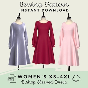 Bishop Sleeve Dress Sewing Pattern: Women&#39;s XS-4XL (Digital Download PDF)