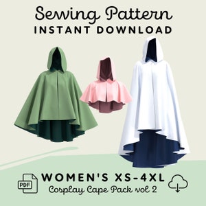 Confezione di modelli di cucito mantello circolare con cappuccio / modello PDF cosplay mantello XS-4XL da donna / modello di stampa a casa per download digitale
