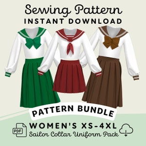 Japanese School Uniform Sewing Pattern Bundle | Womens XS-4XL Seifuku Sailor Collar Uniform PDF Cosplay Pattern | Digital Download Pattern