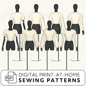 A collection of mannequins wearing white tops with different styles of puff and long sleeves, arranged on a white background. Text below reads 'Digital Print at Home Sewing Patterns'.