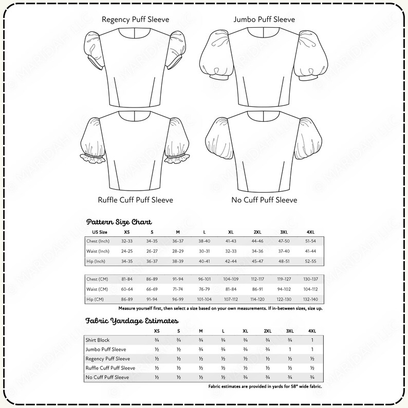 A pattern size chart for a ruffle cuff puff sleeve, along with fabric yardage estimates for different sizes.