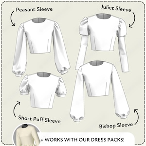 Fashion illustrations featuring different puffed-sleeve styles, including a short puff sleeve, a peasant sleeve, a Juliet sleeve, and a Bishop sleeve. The illustrations are labeled with the sleeves' names, and the image includes a caption stating that these sleeves work with dress packs.