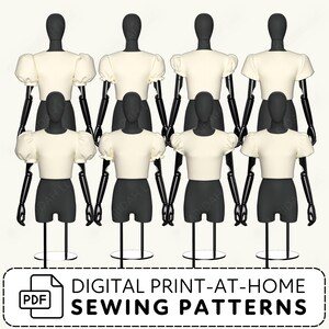 a collection of mannequins wearing white tops and black shorts, arranged in a row.
