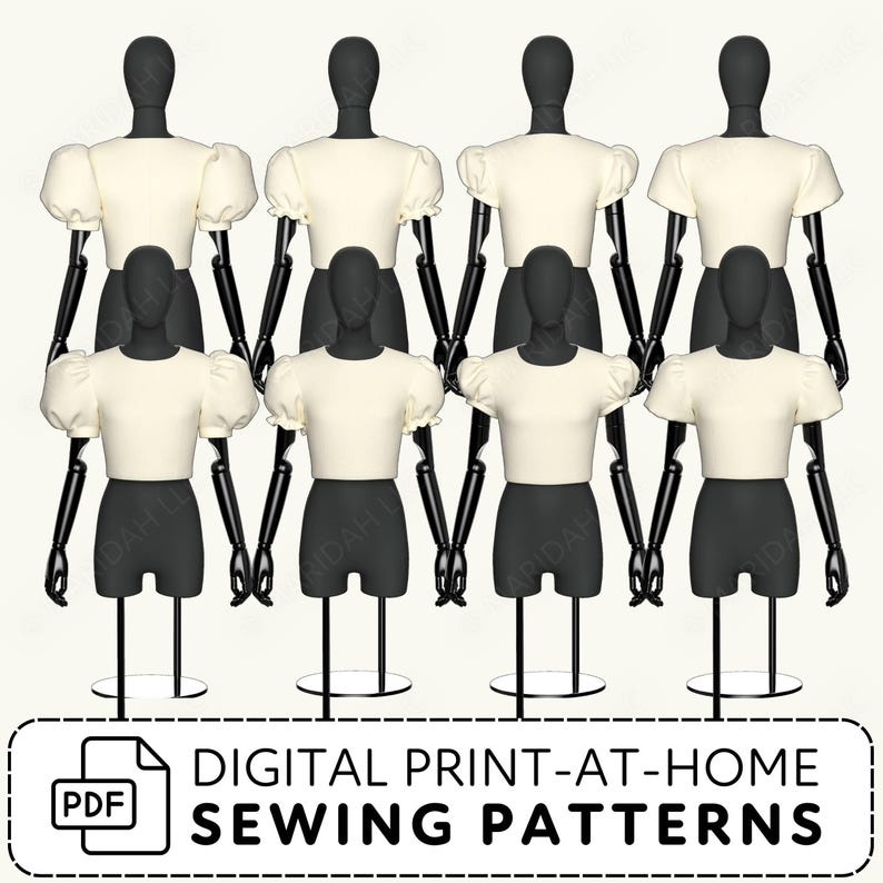 a collection of mannequins wearing white tops and black shorts, arranged in a row.