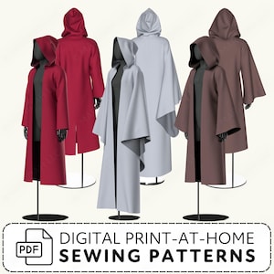 A collection of hooded robes or coats displayed on mannequins with text reading Digital Print at Home Sewing Patterns