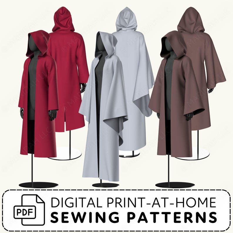 A collection of hooded robes or coats displayed on mannequins with text reading Digital Print at Home Sewing Patterns