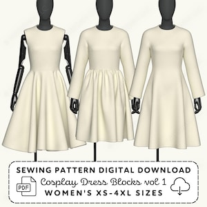 Puede incluir: Tres vestidos de color blanco roto sobre maniquíes negros, con diferentes longitudes de manga y siluetas de falda. El texto en la parte inferior dice: SEWING PATTERN DIGITAL DOWNLOAD, Cosplay Dress Blocks vol 1, WOMEN'S XS-4XL SIZES.