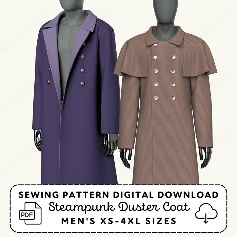 Two men's coats, one purple and one brown, displayed side by side.