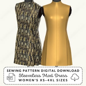 Op de afbeelding: Twee mouwloze jurken op etalagepoppen. De ene jurk is zwart met verticale gouden lovertjesstrepen, de andere is effen goudkleurig. De tekst luidt: SEWING PATTERN DIGITAL DOWNLOAD, Sleeveless Mod Dress, WOMEN'S XS-4XL SIZES, met PDF- en downloadicoon.