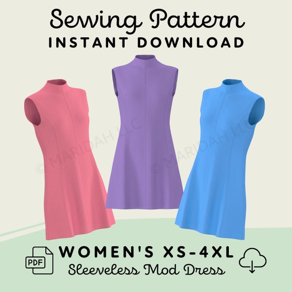 Sleeveless Mod Dress Sewing Pattern | Womens XS-4XL Dress Pattern Digital Download PDF