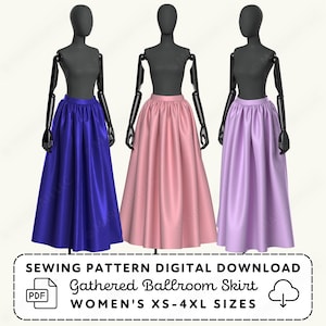 May include: Three mannequins displaying long, gathered skirts in royal blue, soft pink, and light purple. The text reads: SEWING PATTERN DIGITAL DOWNLOAD, Gathered Ballroom Skirt, WOMEN'S XS-4XL SIZES, with a PDF icon and a download cloud icon.