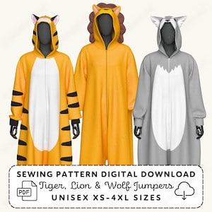 Pode incluir: Três macacões com capuz e designs de animais: um tigre com listras laranja e pretas, um leão amarelo sólido com juba marrom e um lobo cinza com detalhes brancos. O texto diz: SEWING PATTERN DIGITAL DOWNLOAD Tiger, Lion & Wolf Jumpers.