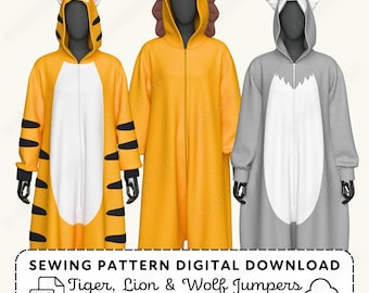 Kigurumi Sewing Pattern | Tiger Lion Wolf Jumper XS-4XL (PDF Digital Download)