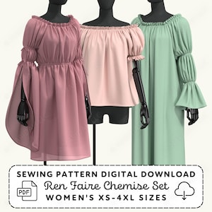 Chemise Sewing Pattern Set | Renaissance Medieval Costume Nightgown XS-4XL (PDF Digital Download)